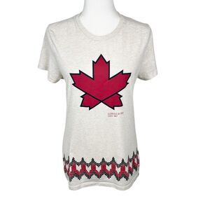 Canada Olympics Shirt Women Medium Beige Red Short Sleeve Maple Leaf Tee